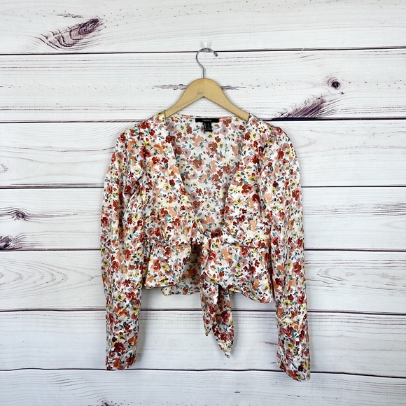 Forever 21 Silky Floral Vintage Tie Front Blouse Sz L - Picture 2 of 5